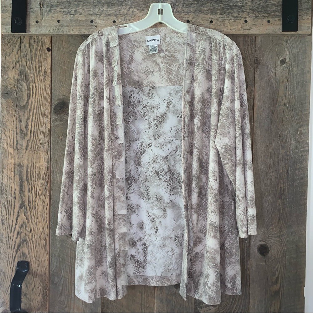 Women’s 3 CHICO’S W16 Neutral Taupe Snake Silver Accents Open Front Cardigan EXC